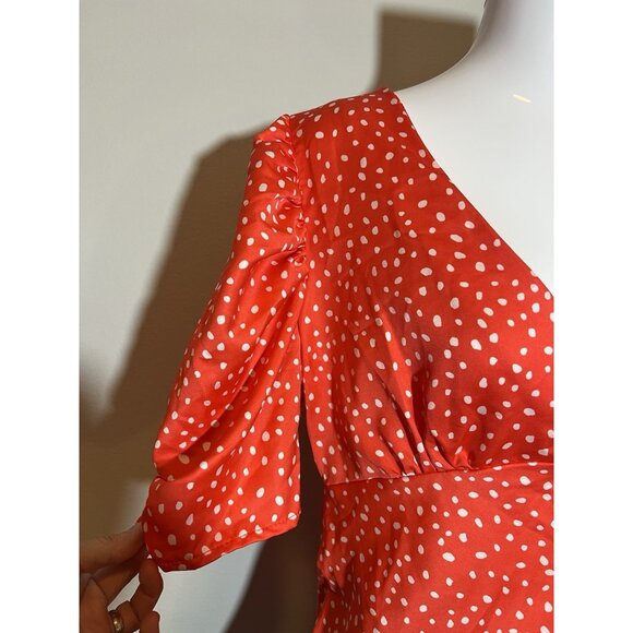 asos Women’s Top Blouse Size 6 Red V Neck Short Puff Sleeves Zipper - Picture 7 of 11